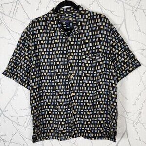 Nat Nast Black Abstract Geometric Print 100% Silk Camp Shirt